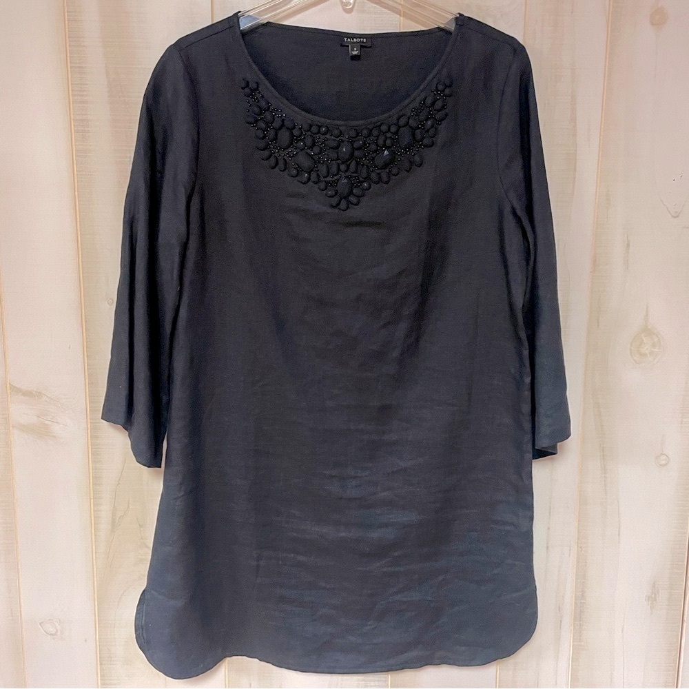 Talbots Black Linen Beaded Neckline Long Sleeve Tunic/Dress Sz S